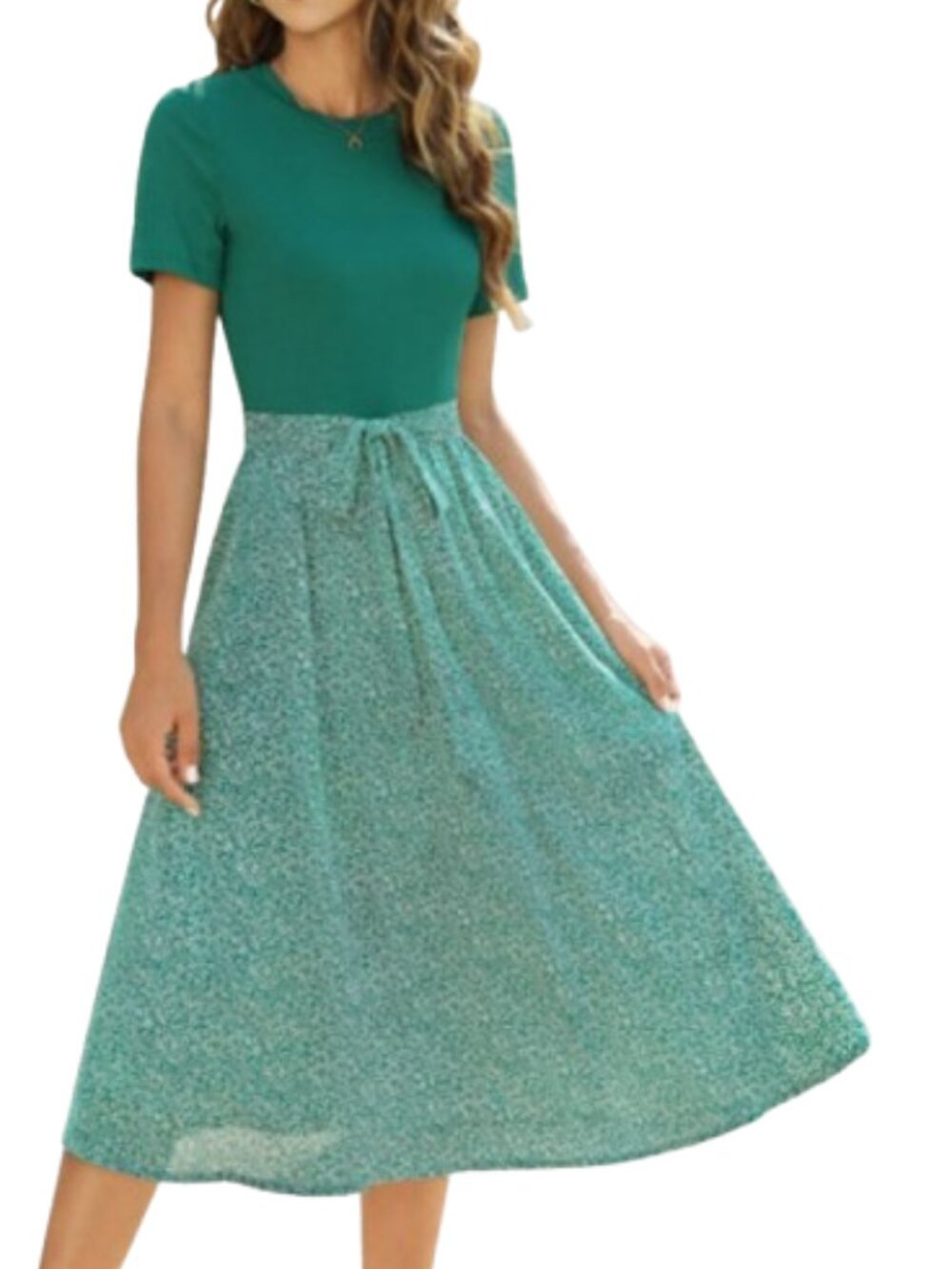 Green Mixed Media Twofer Dress Rib-Knit Crewneck Floral Pockets Modest